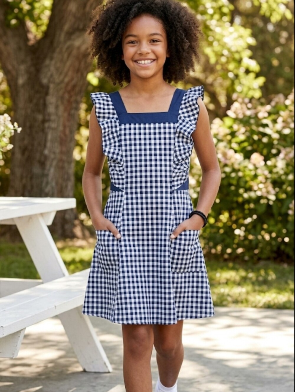 BCBGIRLS Navy Blue White Gingham Check Ruffle Pinafore Sun Dress 10